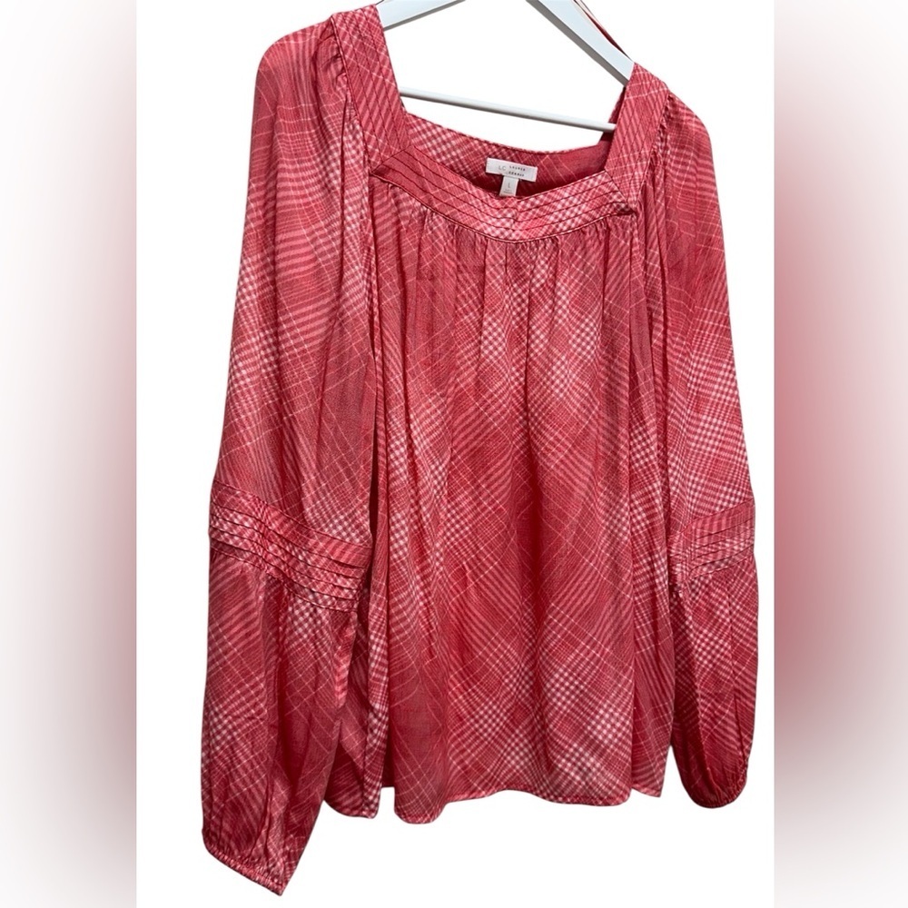 LC Lauren Conrad Women’s L Red Plaid Blouse Top Shirt Long Sleeves Square Neck - Picture 2 of 8